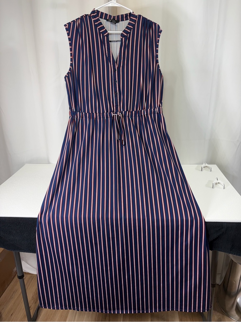 Robert Louis Navy Maxi Dress with Pink Vertical Stripes 3570